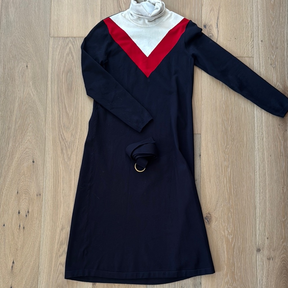 Tory Burch Blue and Red Long Sleeve Turtleneck Sheath Midi Sweater Dress